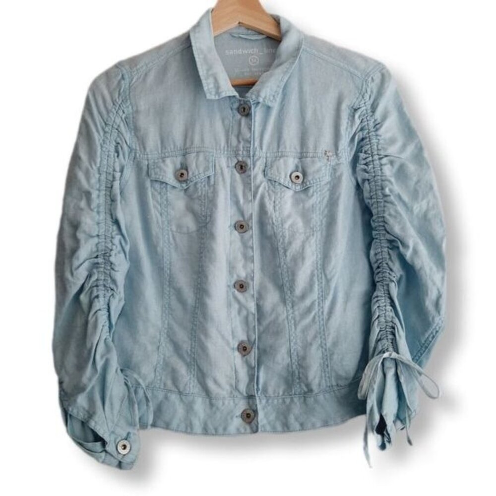 SANDWICH Linen Cotton Long Ruched Sleeve Jacket Button Down Shacket Sz XS